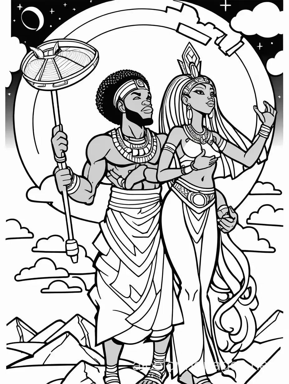 Shu (African air god) raising his daughter Nut (african sky goddess) above her brother Geb (african earth god) creating the world. , Coloring Page, black and white, line art, white background, Simplicity, Ample White Space. The background of the coloring page is plain white to make it easy for young children to color within the lines. The outlines of all the subjects are easy to distinguish, making it simple for kids to color without too much difficulty