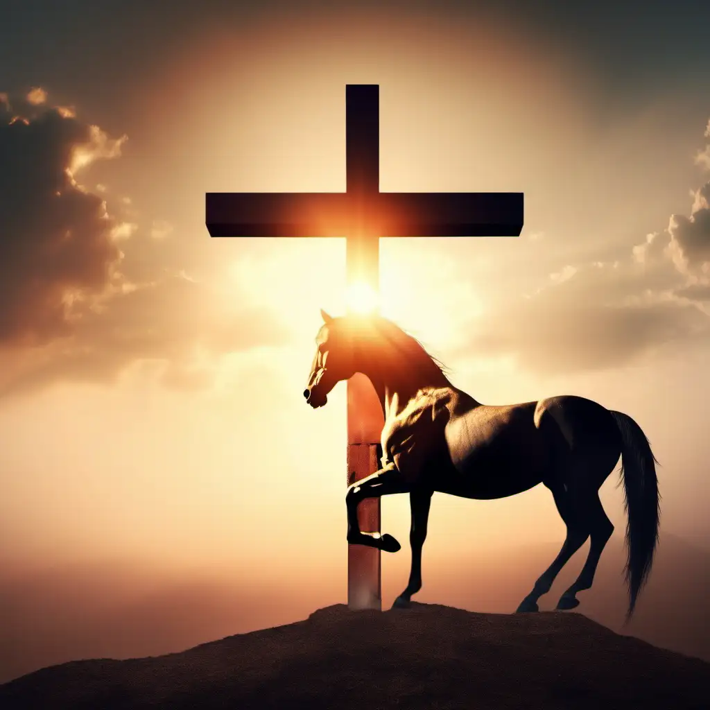 resurrection of jesus christ concept god horse in front of the cross of jesus christ on sunrise background