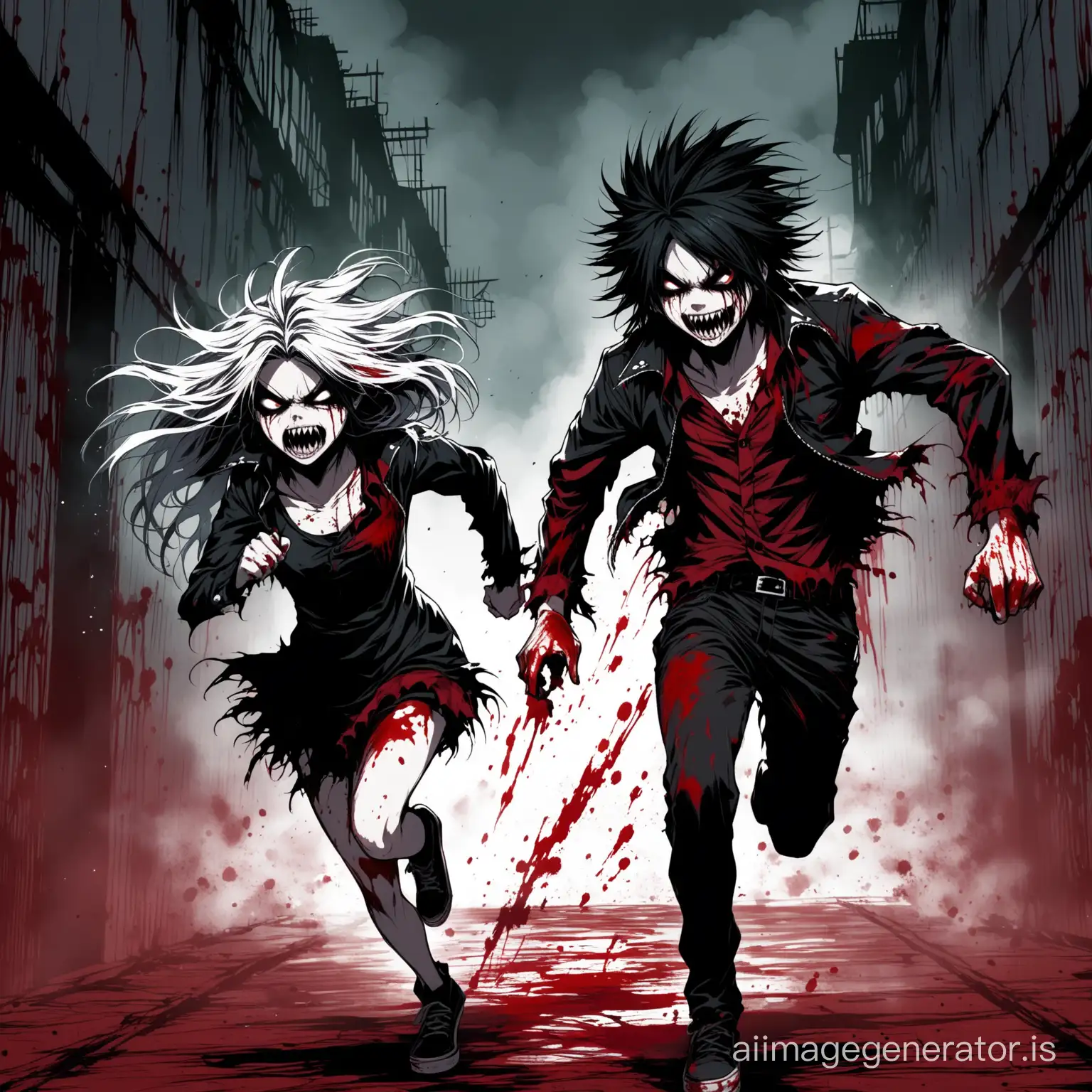 make a psychopathic big-haired emo boy with blood-stained clothes, running after a girl who is very scared of him