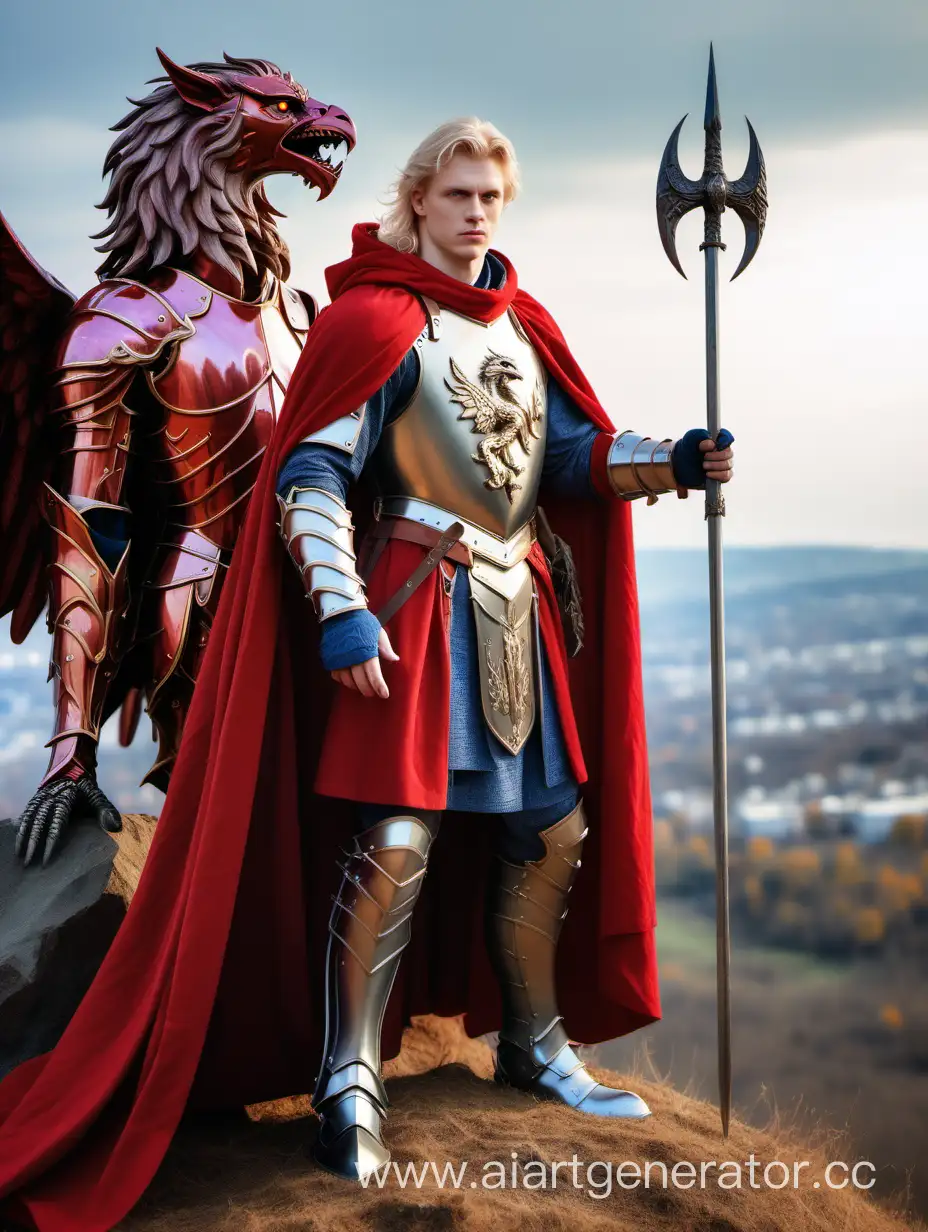 portrait, a man with blond hair, beautiful, detailed face, blue eyes, dressed in armor and a red long cloak, a griffin is inscribed on the armor, stands on a hill, holding a halberd in his hand