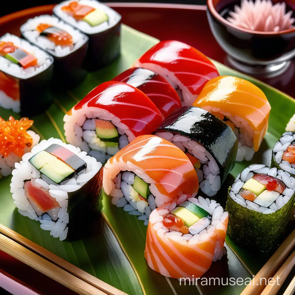 Produce a picture of shiny iridescent maki sushi 3 separate pieces deliciously view