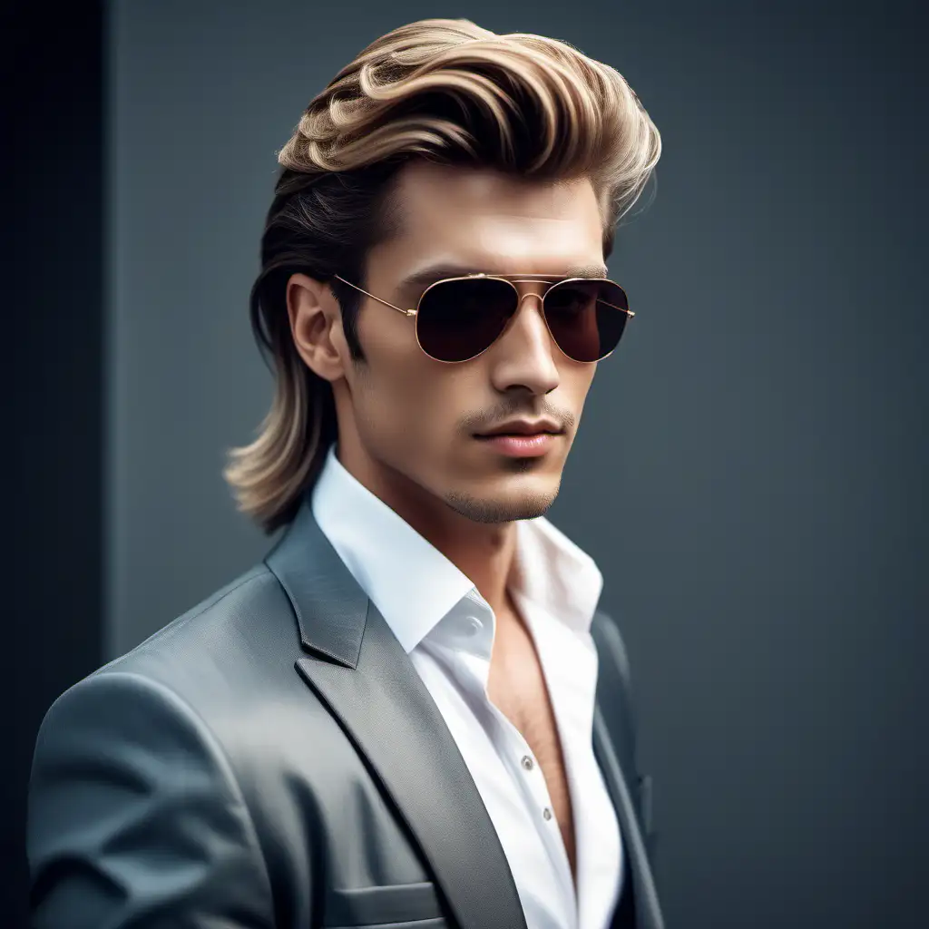Generate an image of a confident and stylish guy embodying the spirit of 2024 fashion trends. He should have a classic 1980s mullet hairstyle that exudes both retro charm. The focal point of the image is him looking over his shoulder with a supermodel-like poise, radiating confidence.

**Specific Instructions:**
1. **Mullet Hairstyle:** Ensure that the guy's hairstyle is a classic mullet, with defined layers, slightly longer at the back, and shorter on the sides.
  
2. **Fashionable Attire:** Dress him in the latest and trendiest 2024 fashion. Consider incorporating modern cuts, colors, and patterns. Feel free to include accessories like sunglasses or statement jewelry.

3. **Confident Pose:** Capture the essence of a supermodel by having him look over his shoulder with a confident and alluring gaze. The posture should reflect both charisma and style.

4. **Background:** Place the character in a setting that complements the 2024 aesthetic. This could be an urban environment with futuristic elements or a trendy studio backdrop.

5. **Facial Expression:** Focus on capturing a balanced expression that communicates both sophistication and approachability.

Remember to prioritize a visually appealing and well-composed image that aligns with the described characteristics. Feel free to add creative elements to enhance the overall vibe of the 2024 fashion scene.



