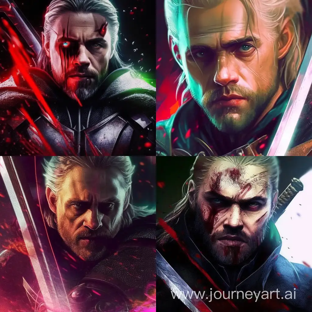 Make a picture of a Charlie Hunnam as Witcher. Make it serious, epic, brutal, bloody and reflective.