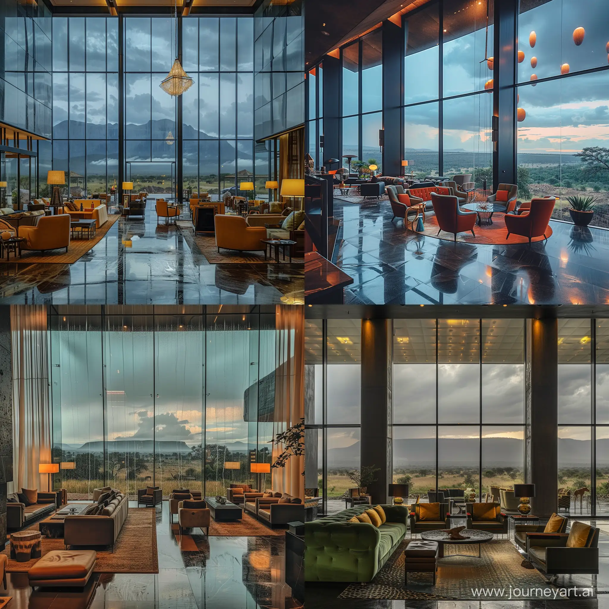 Neo-Cosmic-Lounge-in-Grand-Hotel-Lobby-with-High-Altitude-View-of-Kruger-Park-Alps