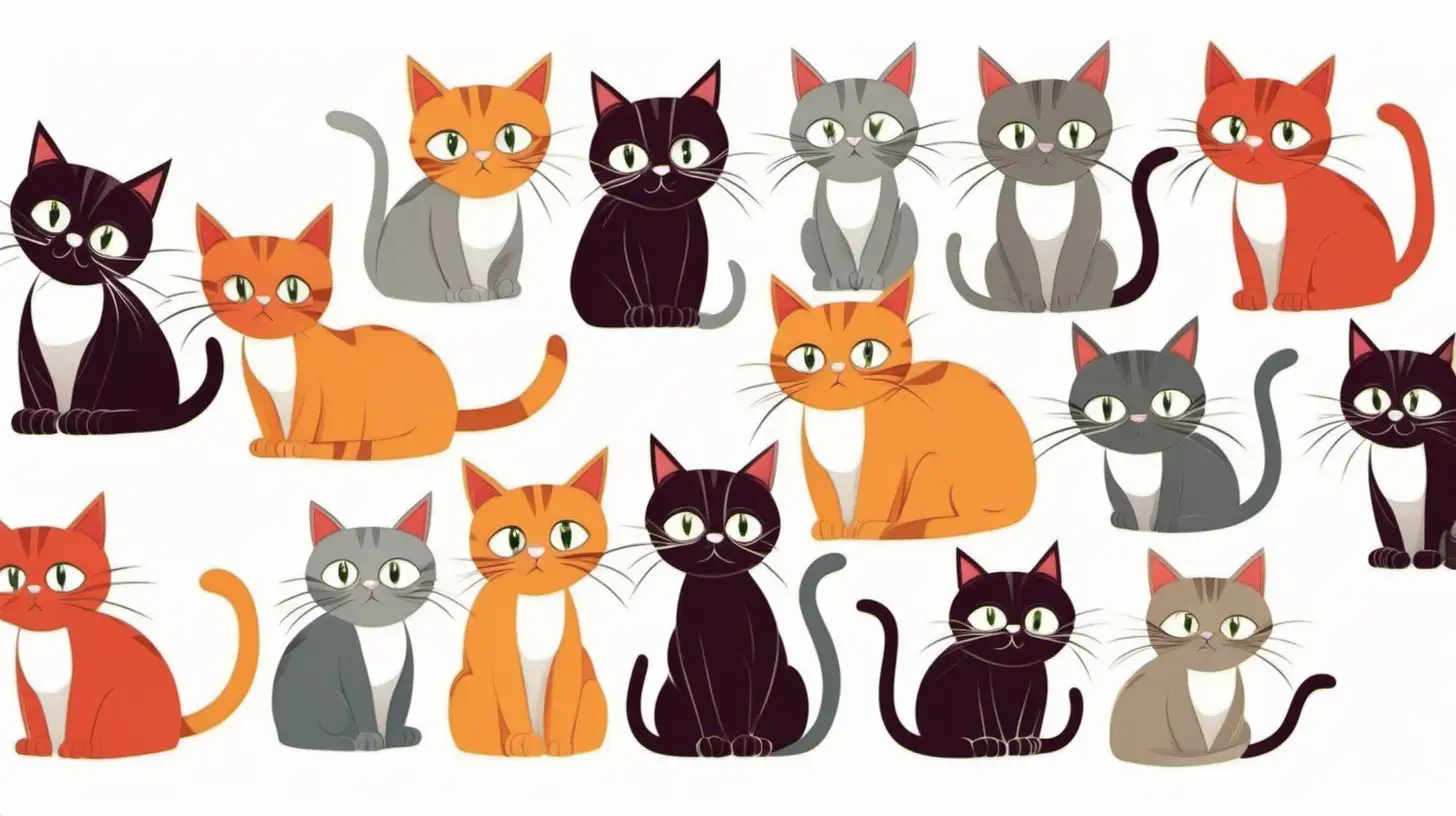 Whimsical Cartoon Cats Collage on Clean White Background