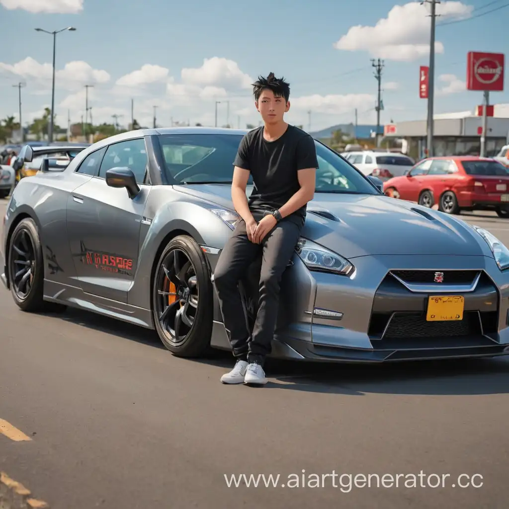 Anime man rides a Nissan GTR R35 car