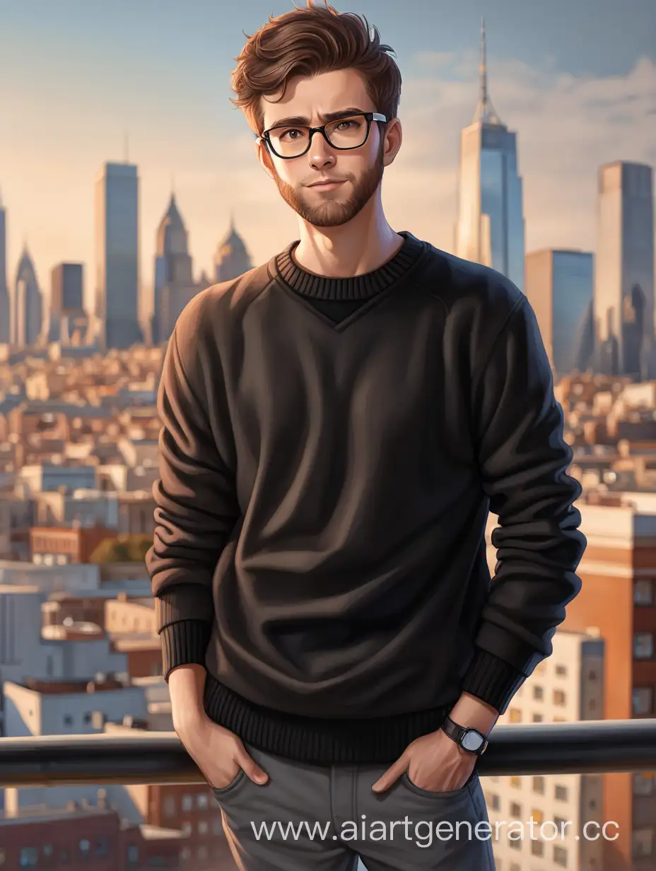 Young-Man-with-Glasses-in-Black-Sweater-Standing-in-Urban-Setting