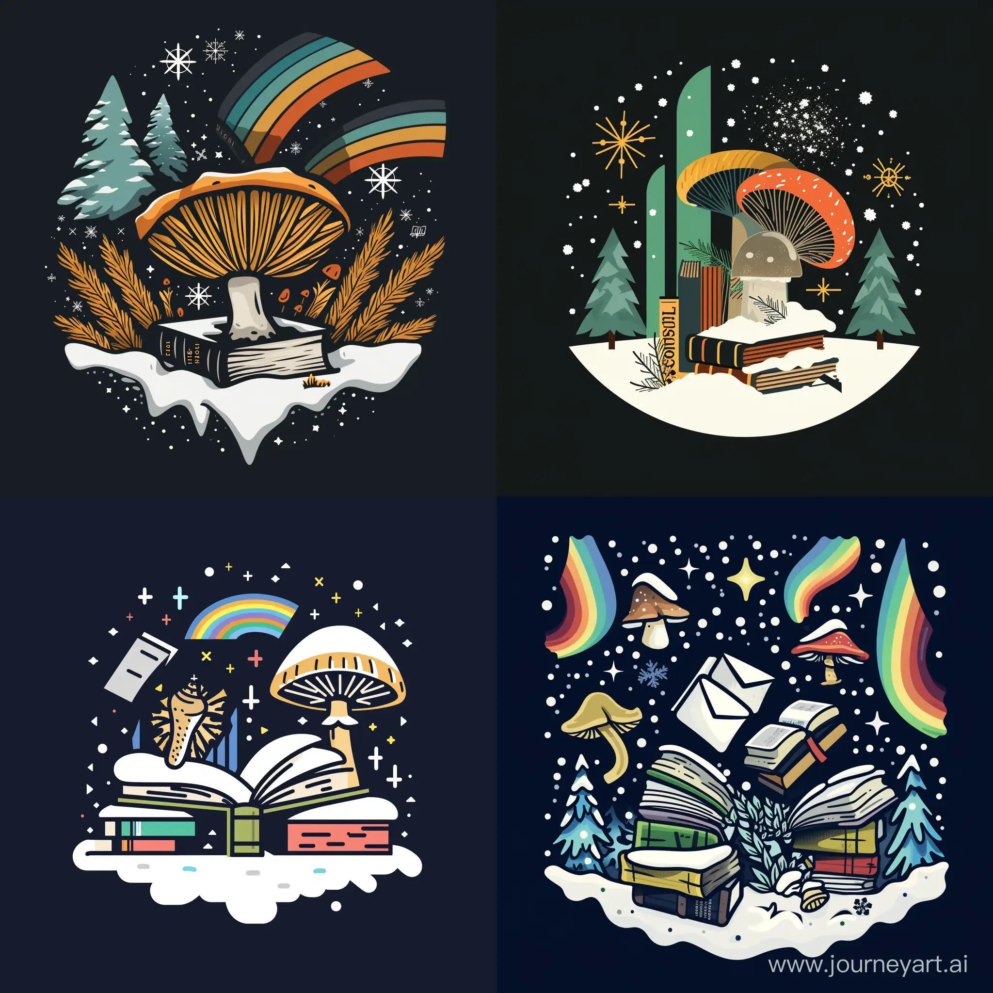 Логотип для северной библиотеке, на которой изображены: книжки, буквы, снег, северное сияние и лисичка