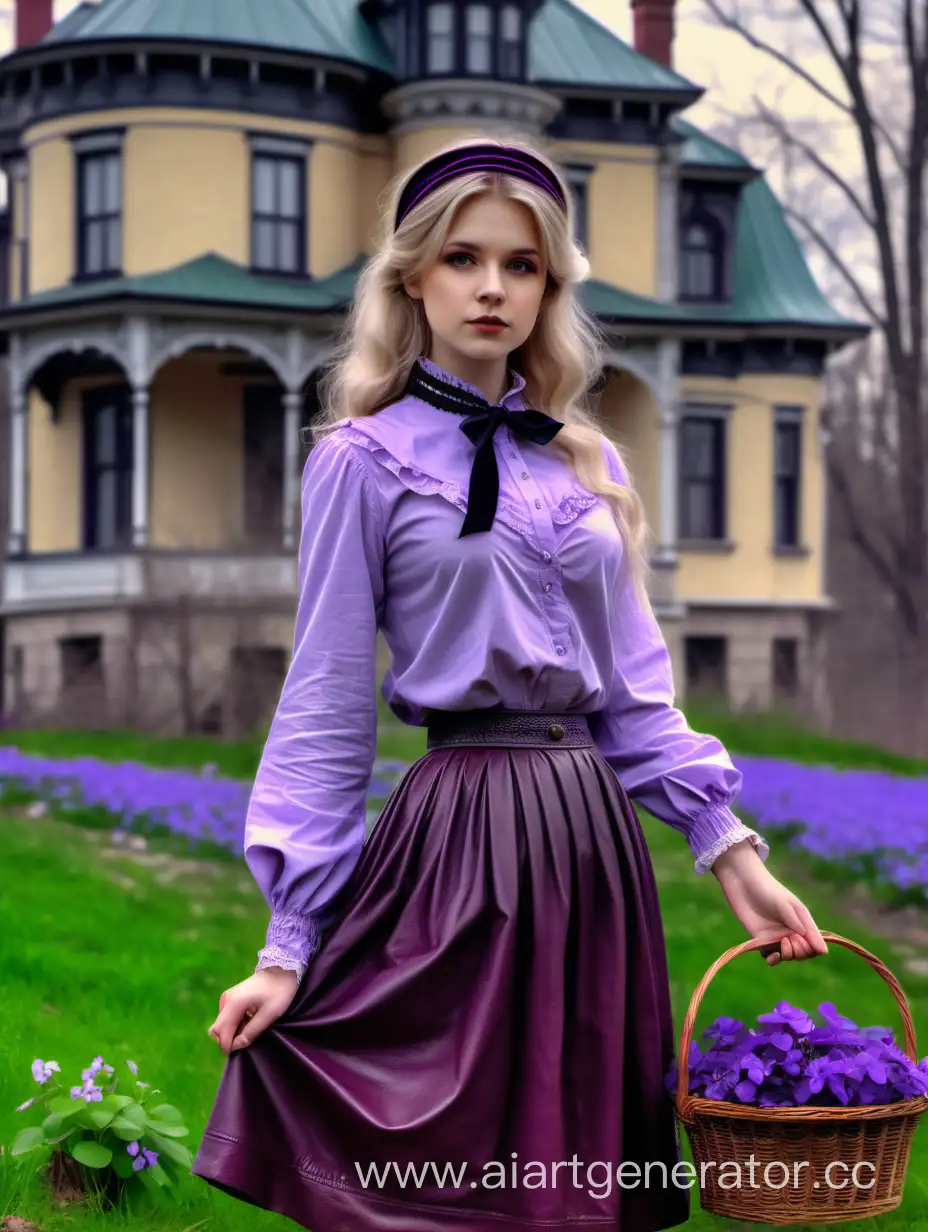 Young woman 31-year in vintage light purple shirt and dark purple skirt, leather medium boots, a headband with violets, victorian style, blonde, medium length hair, basket with violets in his hands, spring landscape on the background of a Victorian mansion, realistic, 4k