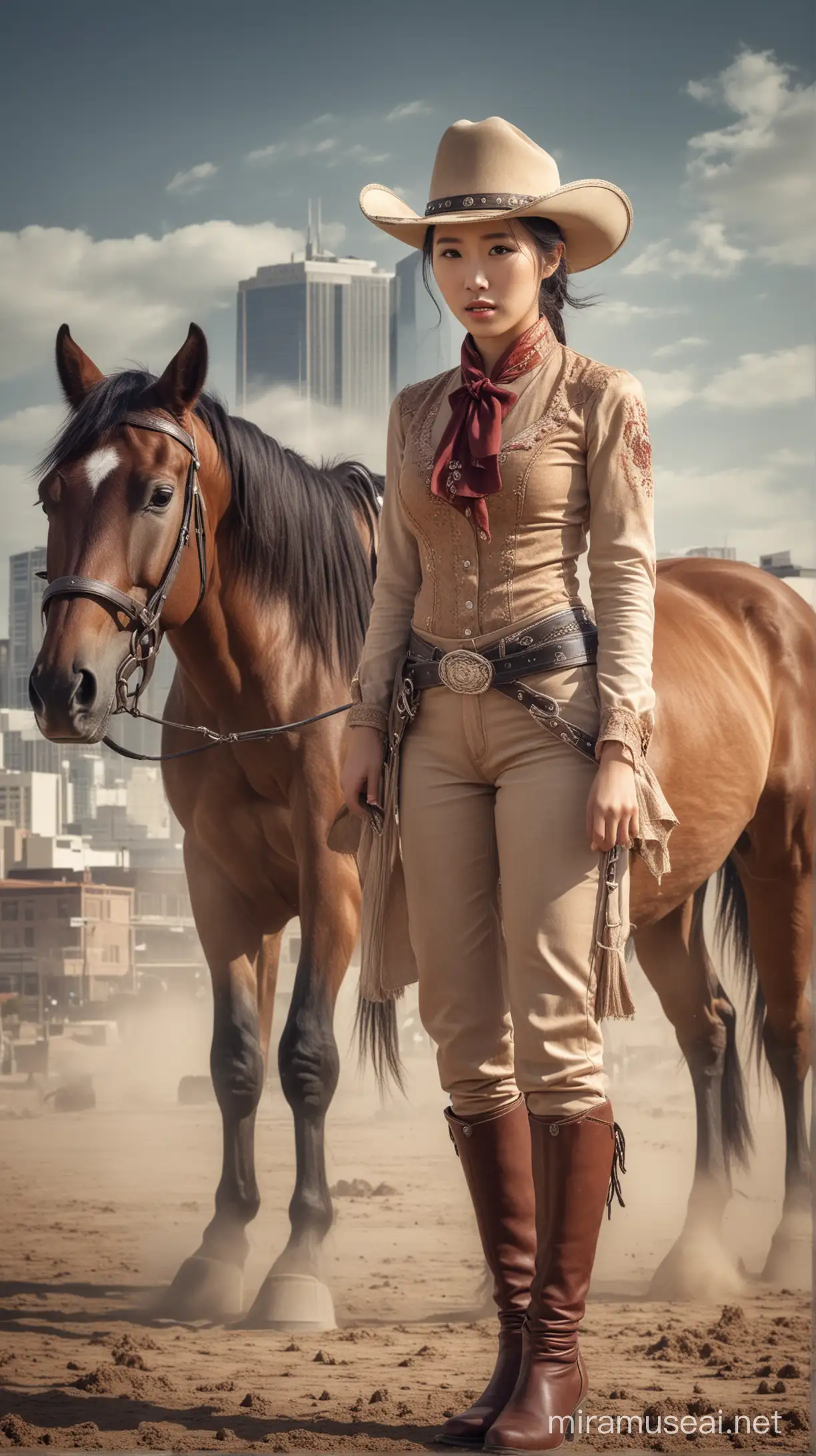 Seorang wanita Korea cantik, memakai pakaian koboi lengkap dengan topinya, sedang berdiri di samping seekor kuda, background kota Texas,efek debu tertiup angin, realistis ultra HDR extreme 