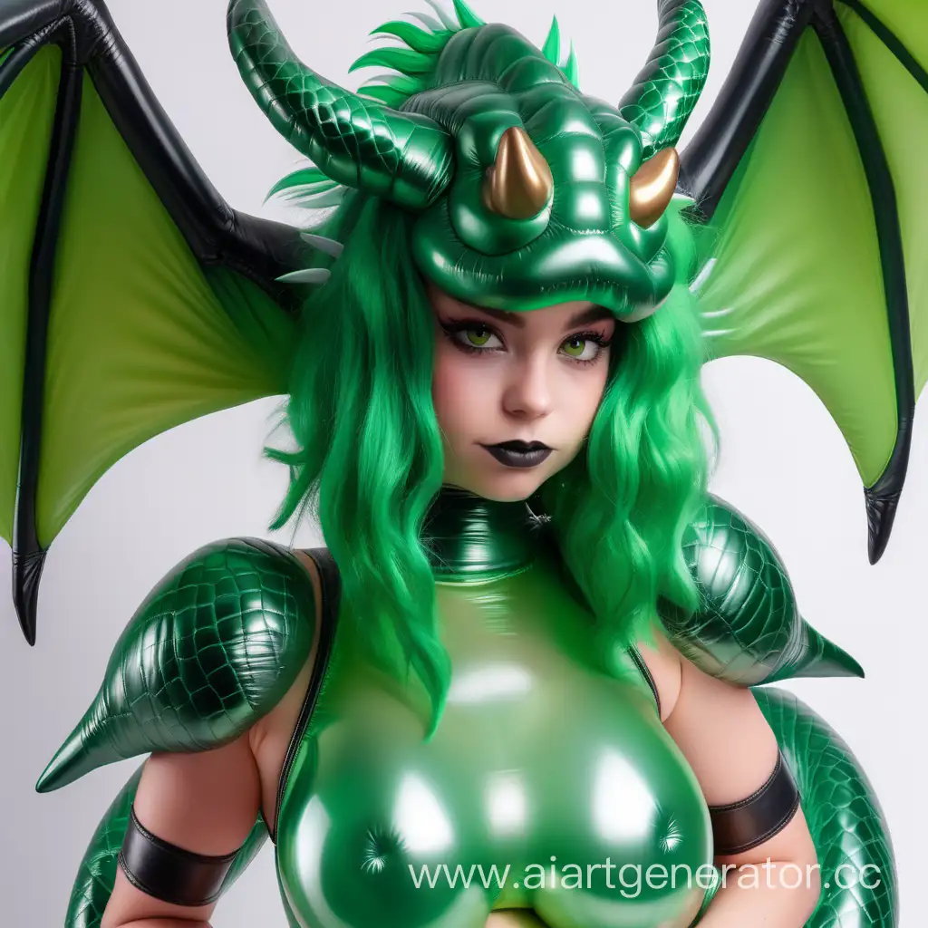 Латексная девушка фурри дракон с зеленой надувной латексной кожей с мордой дракона вместо лица. С большими крыльями