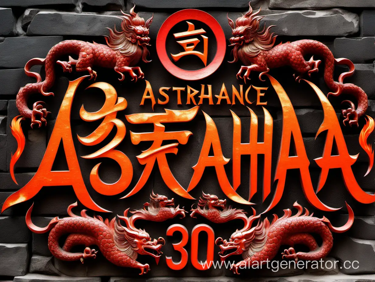 Надпись "Аstrahanec30rus"  в китайском стиле, с элементами огня и китайской мифологии