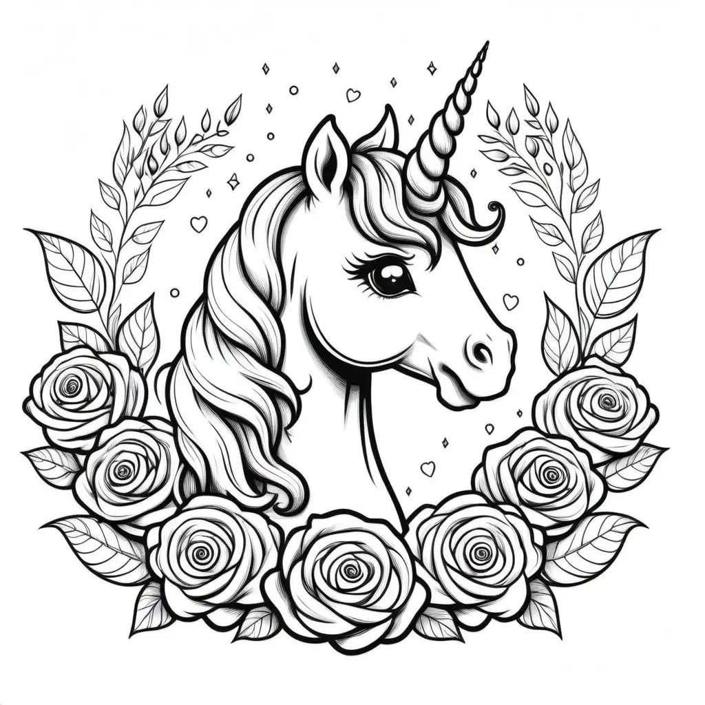 ssimple cute unicorn , roses
coloring page
line art
black and white
white background
no shadow or highlights