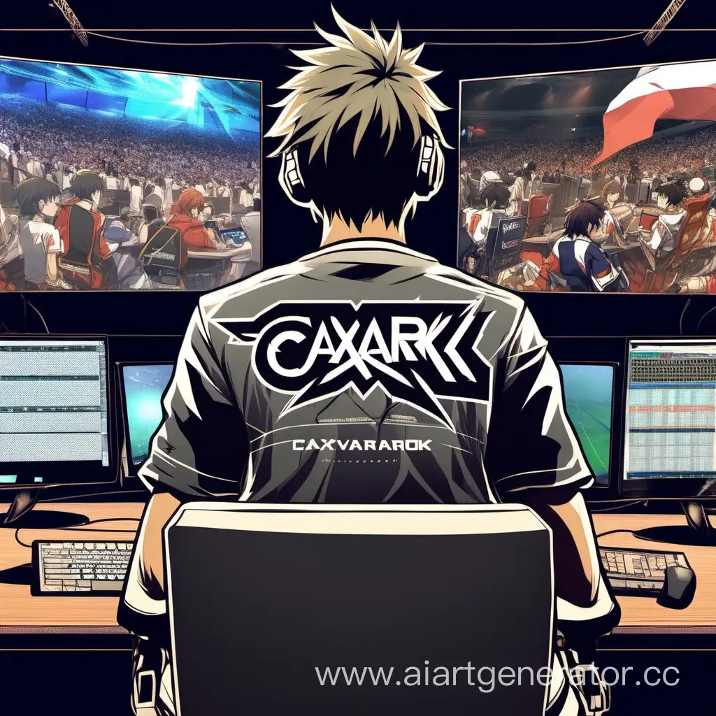 art about a player sitting at a tournament at a MMO game at a computer at the M5 championship tournament with the name CaXaRoK on the back of his clothes and shoulder in a half-turned position and in the background of an anime-style grandstand