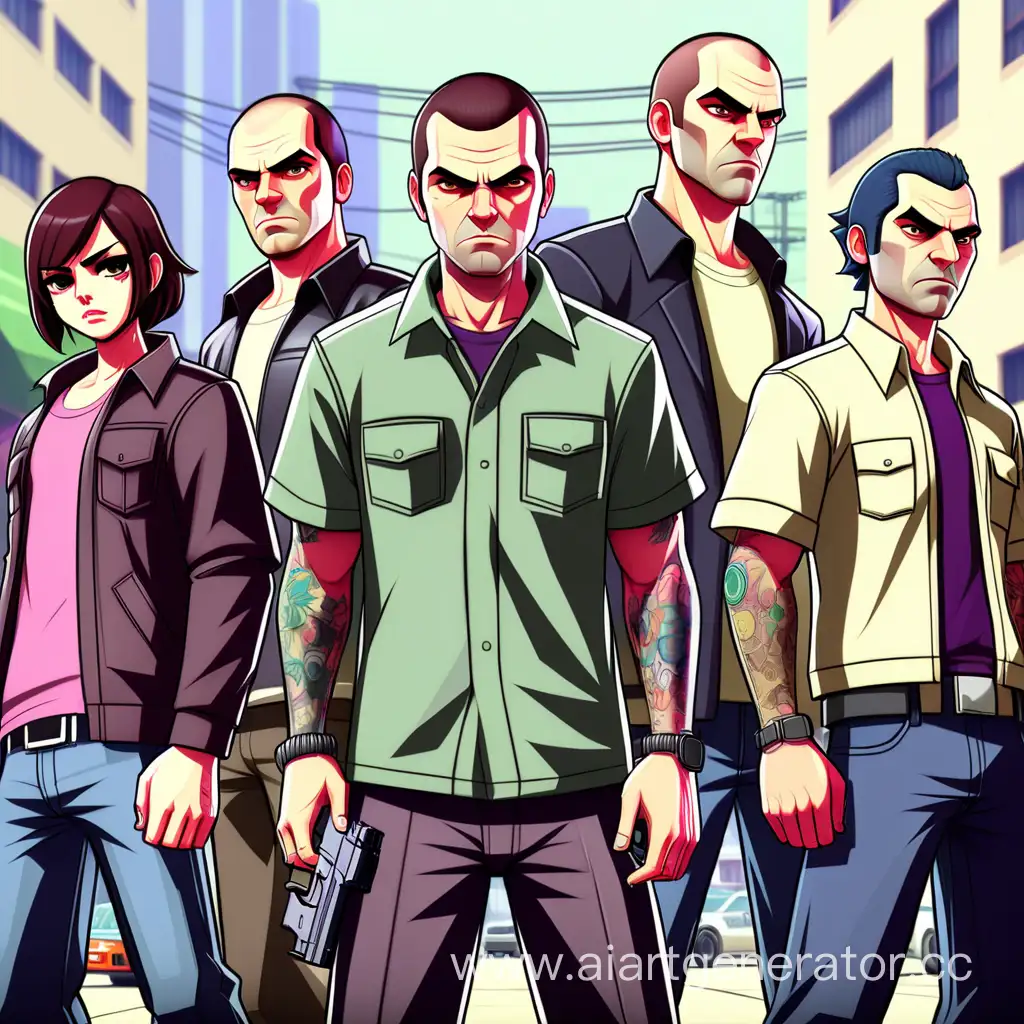 одна девочка семь мальчиков банда Grand Theft Auto V аниме стиль