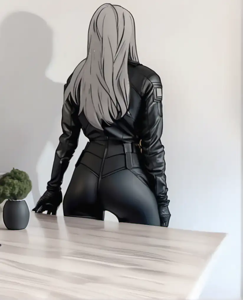 woman from behind in Black military leather combat suit standing in front of table, marvel comic style 