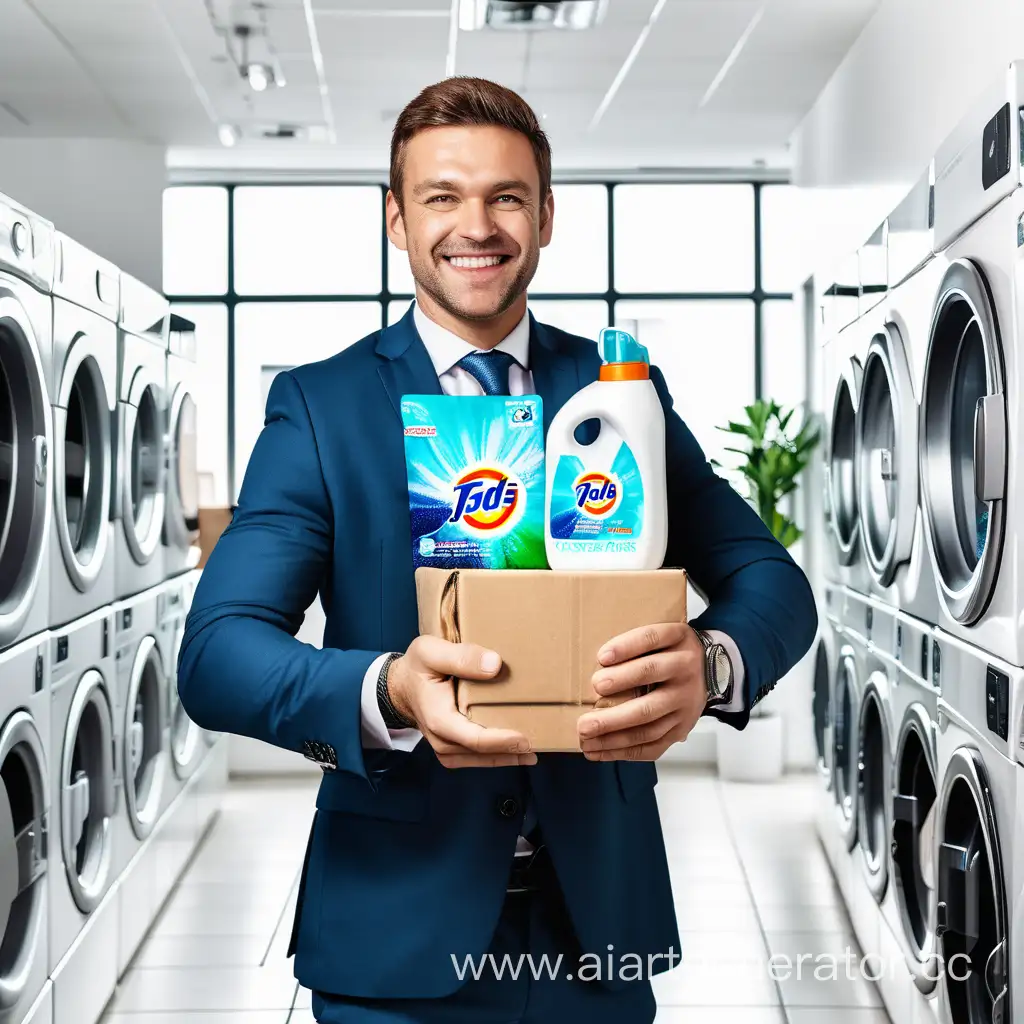 успешный бизнесмен держит в руках пакет стирального порошка