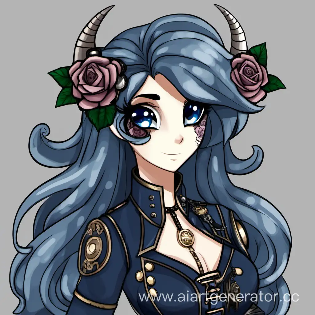 Grey Mlp oc mare with two horns. She has dark blue hair. She like roses and wear beautiful steampunk dress. 