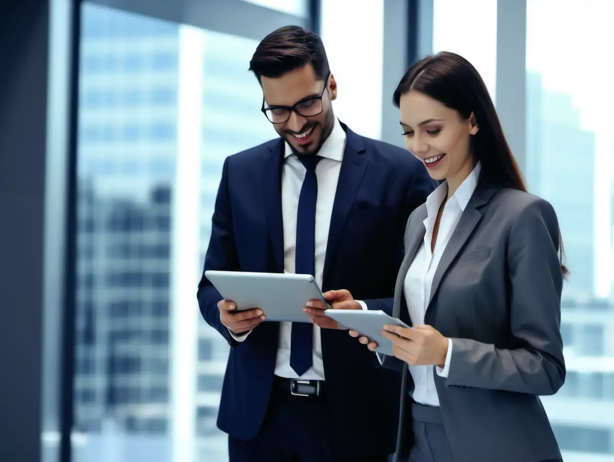 Two happy professional business people team woman and man workers working using digital tablet tech discussing financial market data standing at corporate office meeting