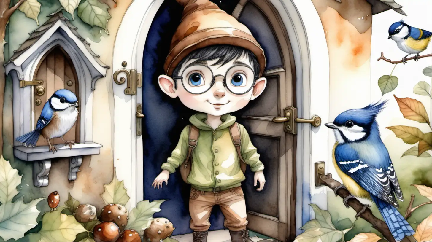 Watercolour fairy story painting. Inside a fairytale garden a blackhaired blueeyed young male pixie wearing a brown acorn shaped hat and glasses is stood by an open front door. In the garden are squirrels and a bluetit