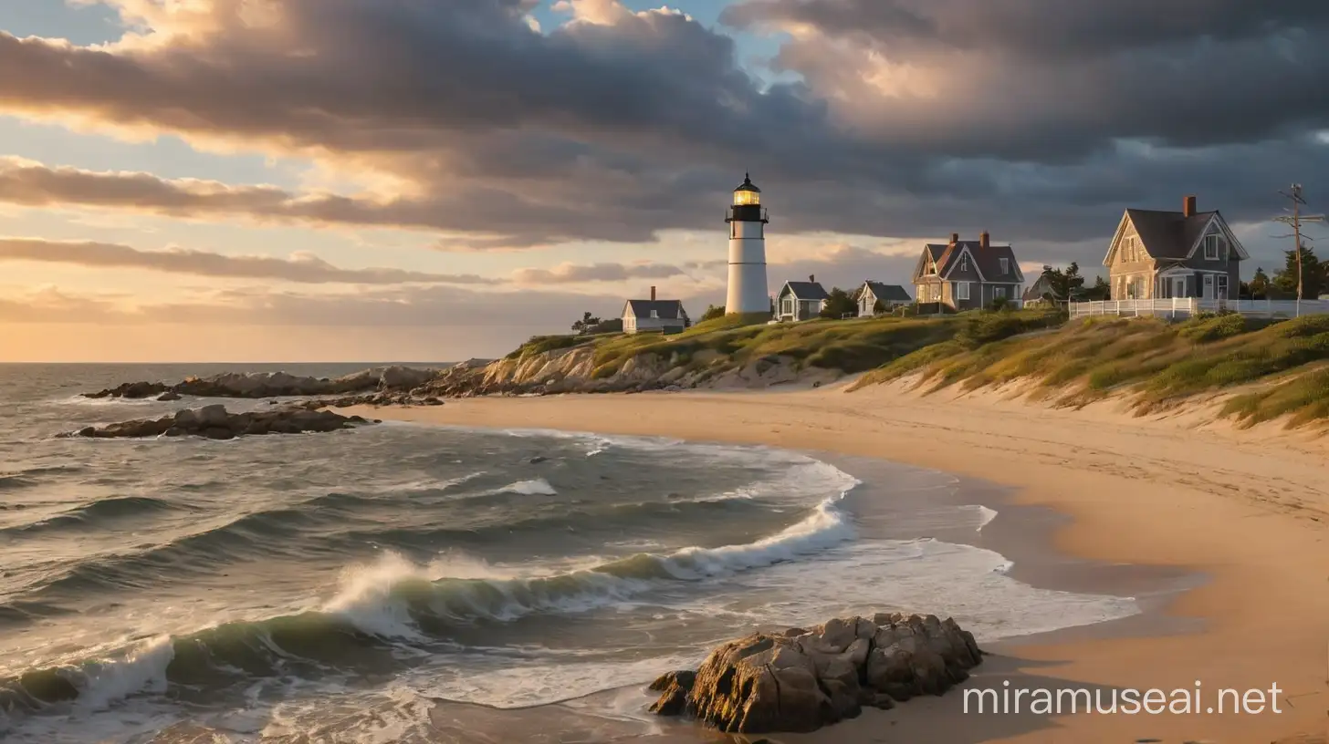 an old lighthouse stands on a point of land overlooking a tiny fishing village with cape cod terrain at sunset with stormy clouds  Sandy beach in foreground