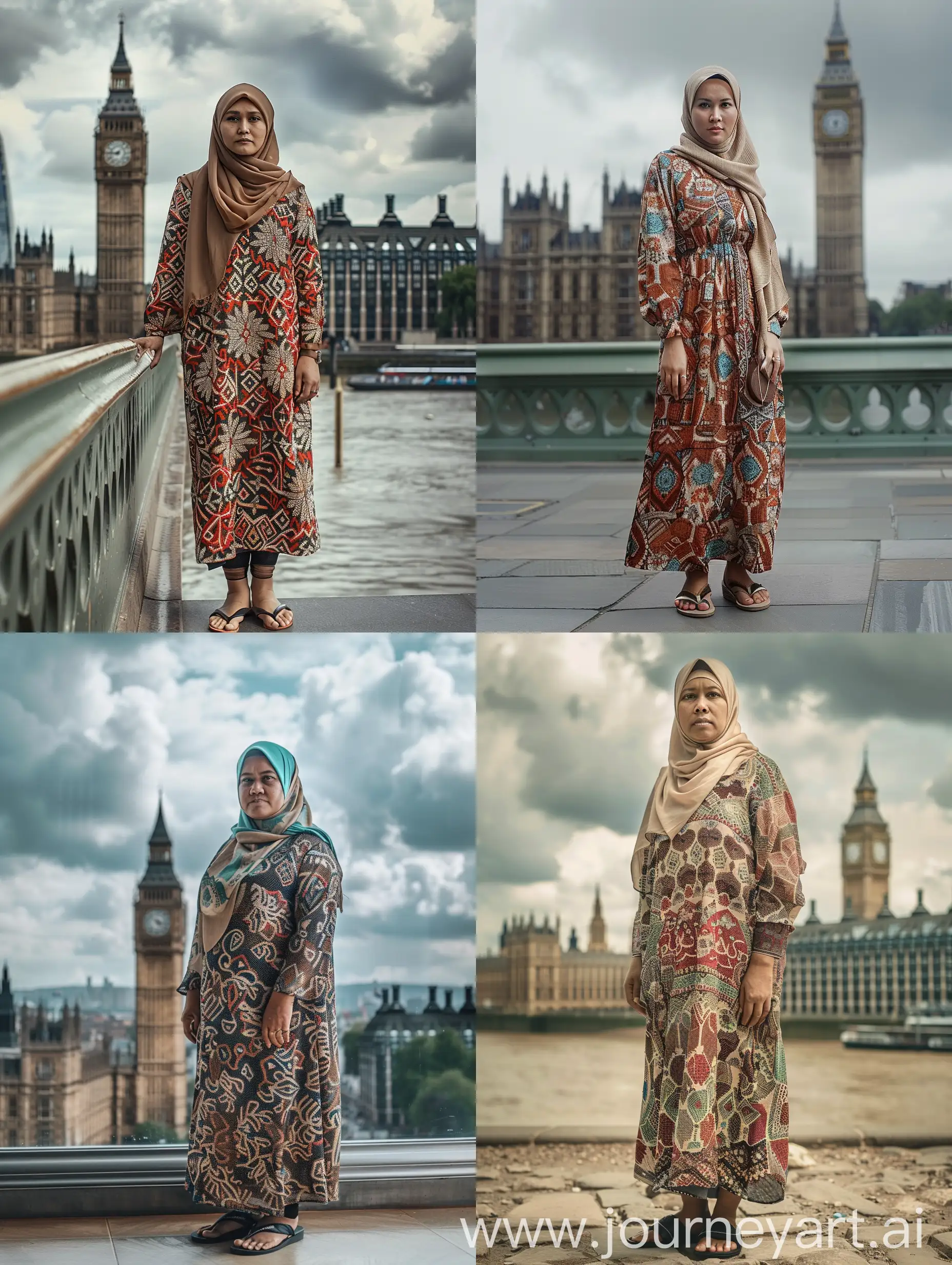 "35 year old beautiful Indonesian Muslim woman wearing hijab and headscarf wearing batik dress And wear sandals, bigben london background, cloudy atmosphere   