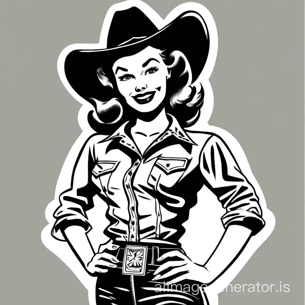 cheeky, cute  1950s graphic style cowgirl in black and white.