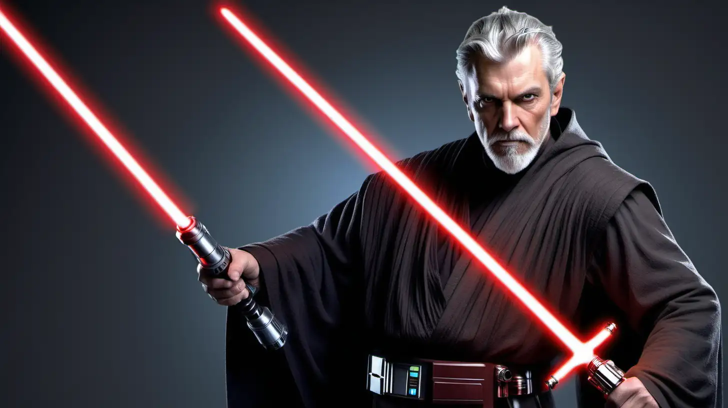 white middle aged human male sith jedi knight holding a light sabre with grey hair and a very short grey beard, set in the star wars universe