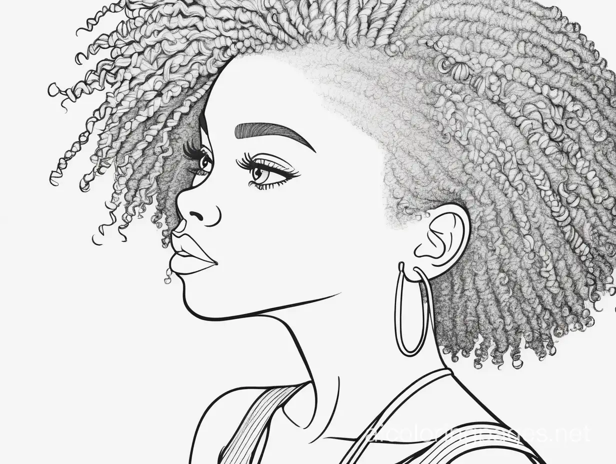 Pretty black woman side view natural hair , Coloring Page, black and white, line art, white background, Simplicity, Ample White Space. The background of the coloring page is plain white to make it easy for young children to color within the lines. The outlines of all the subjects are easy to distinguish, making it simple for kids to color without too much difficulty