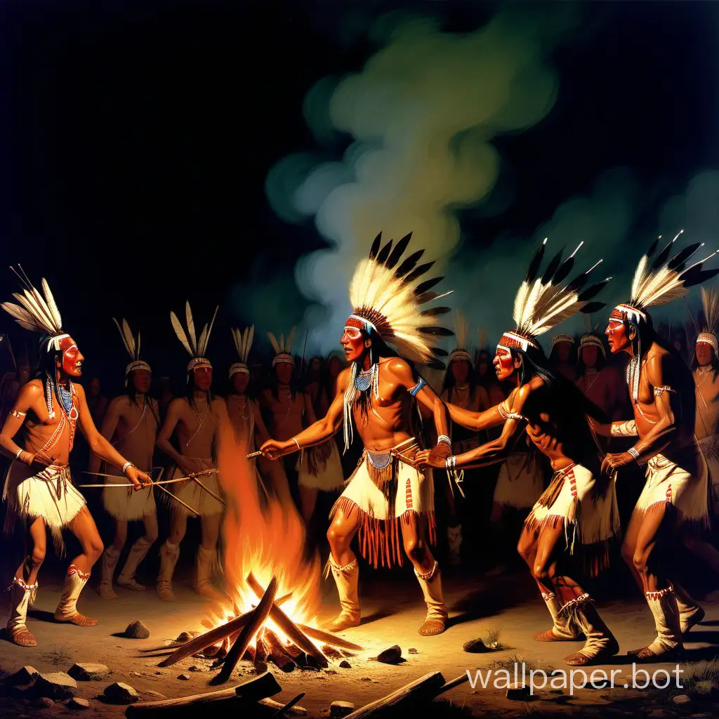Sioux war dance around a fire in the night