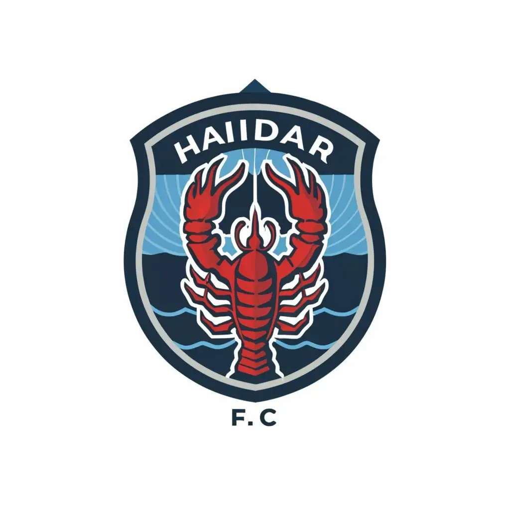 a logo design,with the text "Haidar FC", main symbol:Football club
Lobster
Goal 
ocean
Founded 2021
Blue
,Moderate,clear background