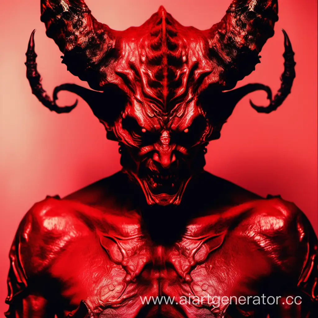 Рогатый демон, страшный, весь красный, оденься голова, тело человека, очень страшный, голый.