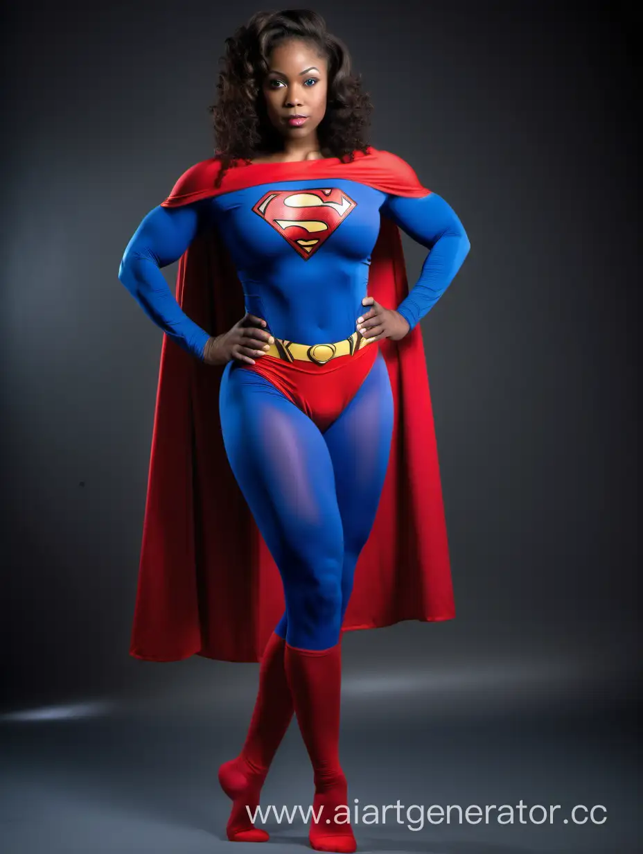 A pretty woman, African, brown hair, age 20, ((extremely muscular)), huge arm muscles, huge leg muscles, huge chest muscles, huge abdominal muscles, huge breasts, superhero, ((powerful)), heroic, mighty, massive.
Superman costume, matte spandex, (blue leggings), red briefs, a long cape.
Photo studio.
