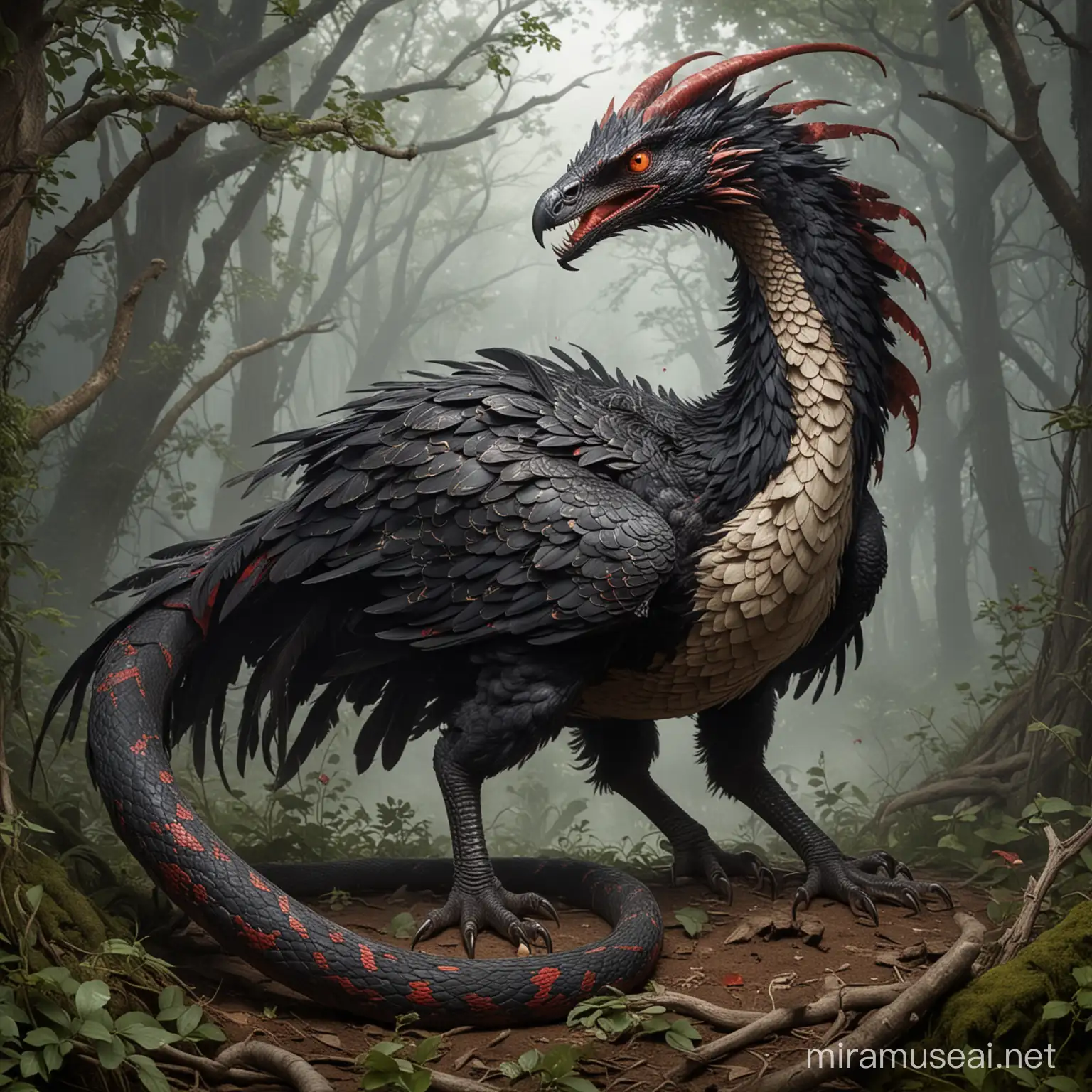 A full body, menacing mythical beast Cockatrice, with the tail of a snake, staring with bloodthirsty eyes in a nest
