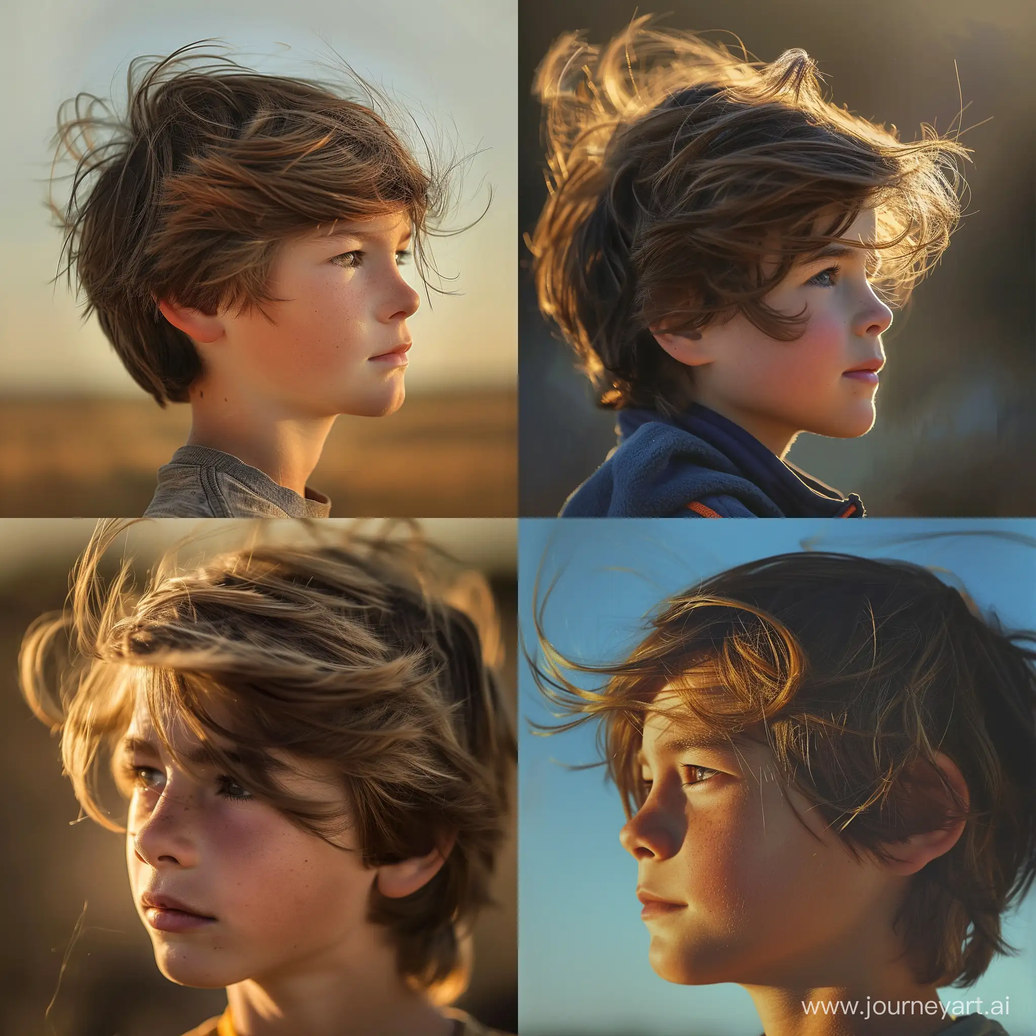 мальчик 12 лет , портрет,  анфас,смотрит в даль,ветер обдувает волосы ,полдень.,яркие рефлексы,,реалистичен,