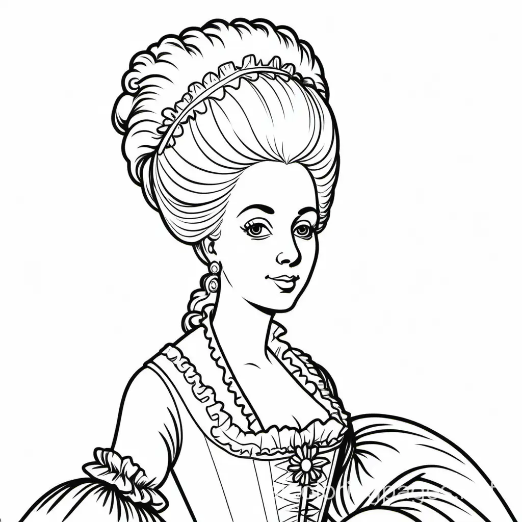 Marie Antoinette, Coloring Page, black and white, line art, white background, Simplicity, Ample White Space. The background of the coloring page is plain white to make it easy for young children to color within the lines. The outlines of all the subjects are easy to distinguish, making it simple for kids to color without too much difficulty