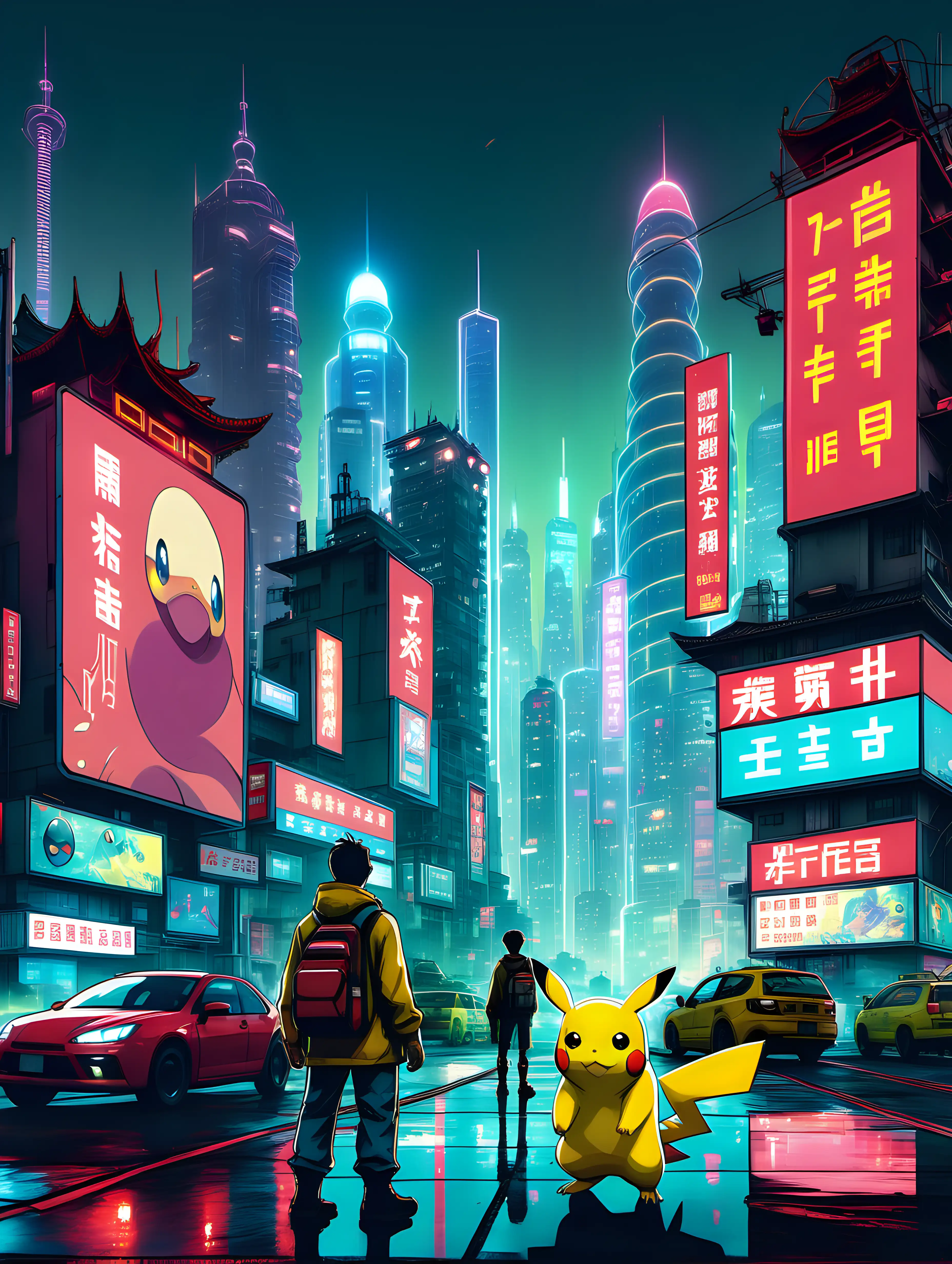 pokemon characters in a futuristic cityscape with holographic advertisements in chinese. The scene is illustrated with a touch of cyberpunk aesthetics, in the style of Simon Stålenhag. It's a night, and the colors used are neon yellow and electric red