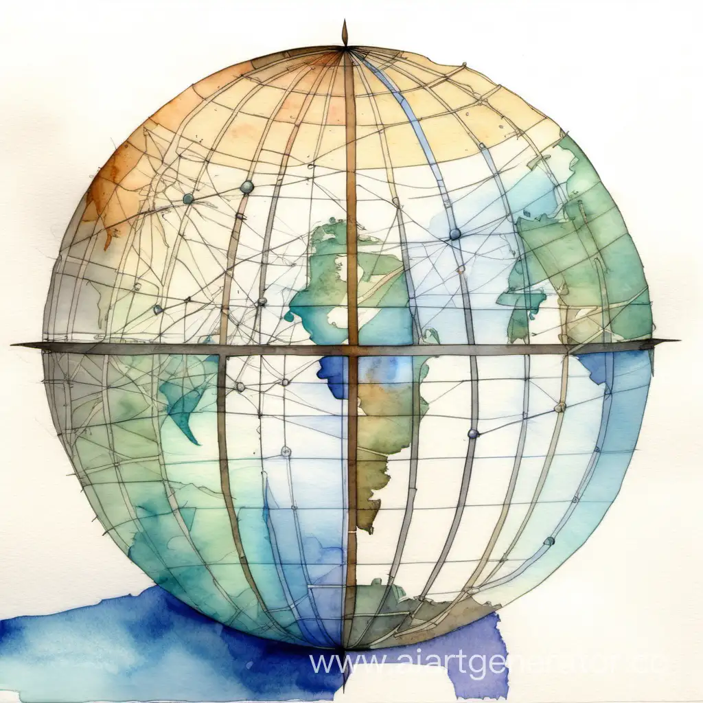 World-Map-Watercolor-Drawing-with-Globe-Meridians-and-Parallels