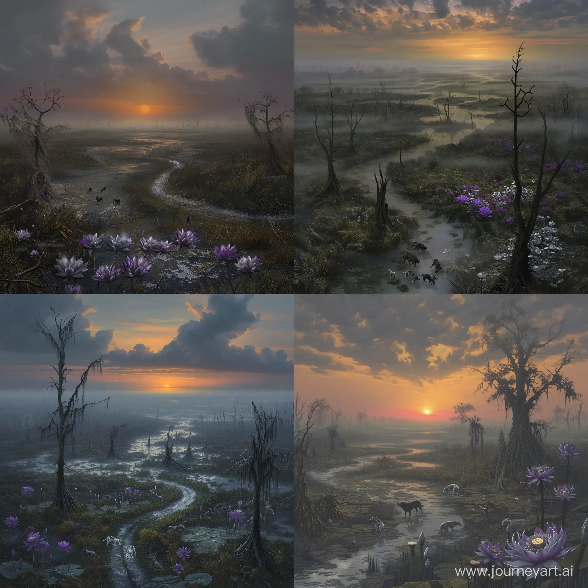 marshland, a dense fog with a hint of evil in it, a low distant sunset, diseased trees, purple and silver lotus blossoms, wild dogs, a winding road passing through the swamp