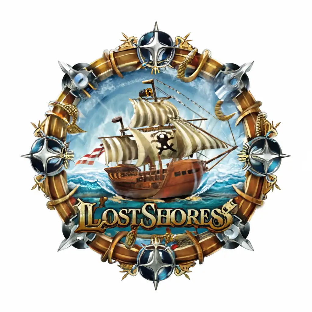 a logo design,with the text "Lost Shores", main symbol:Pirates,complex,clear background