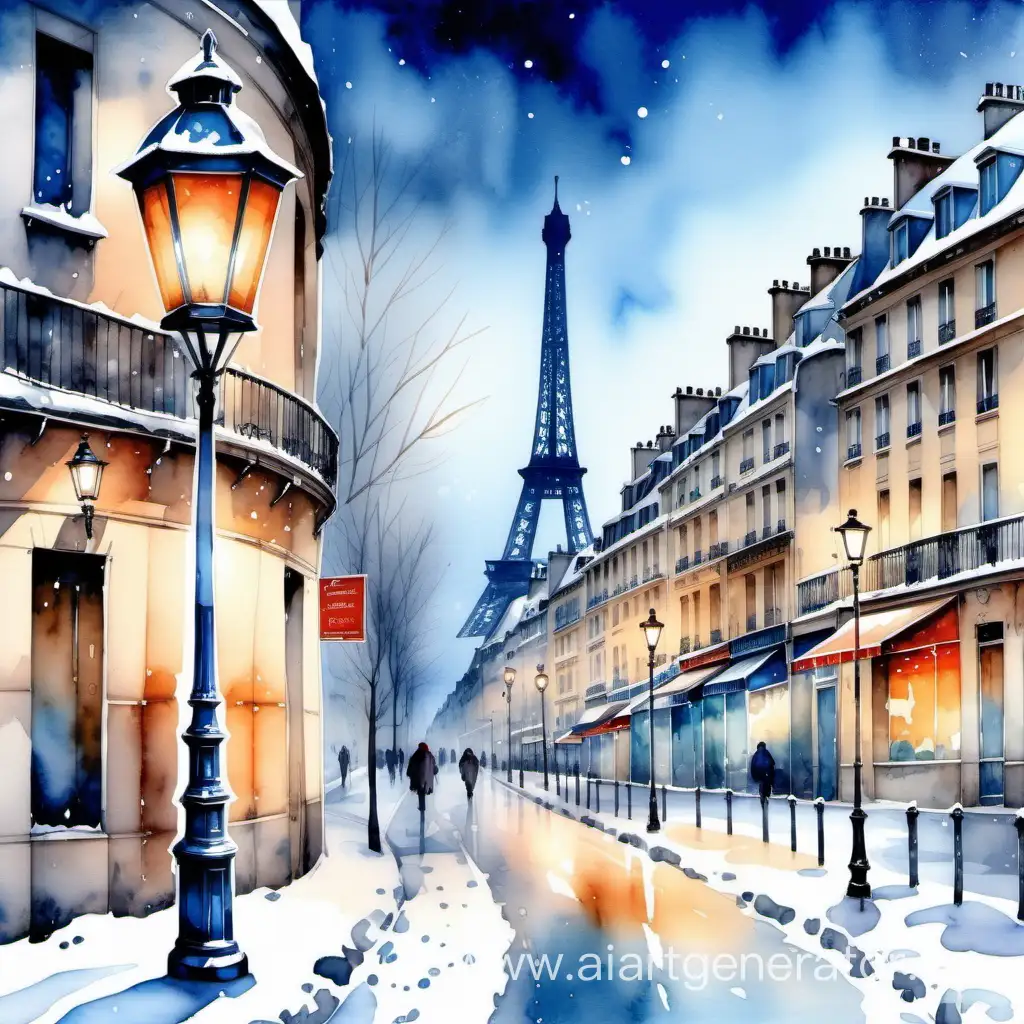 paris, watercolor, panorama, winter landscape, street with  lantern, without people, blue, hd, soft color, dramatic lighting, sharpen, detailed, background blur, transparent edges


