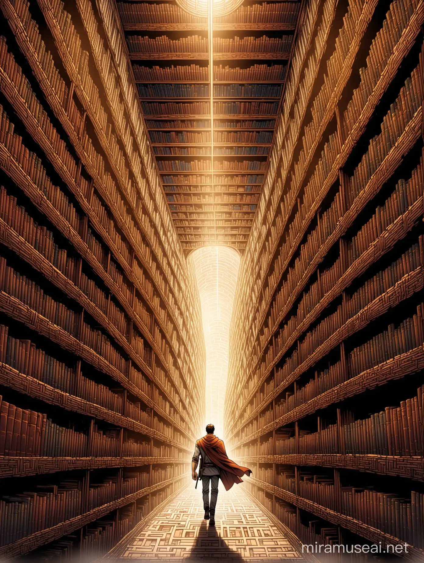 a hero walking through a maze of bookshelves in a library, surrounded by towering shelves filled with books representing different philosophies, ideologies, and perspectives, fantasy style