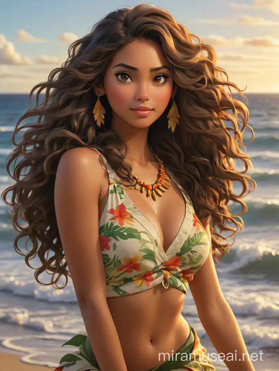 Draw me a Hawaiian dancer with long wavy hair and an exotic look on her face. Her skin is soft and light and her eyes are dark. She is in a kahiko pose at the shoreline toward the ocean.