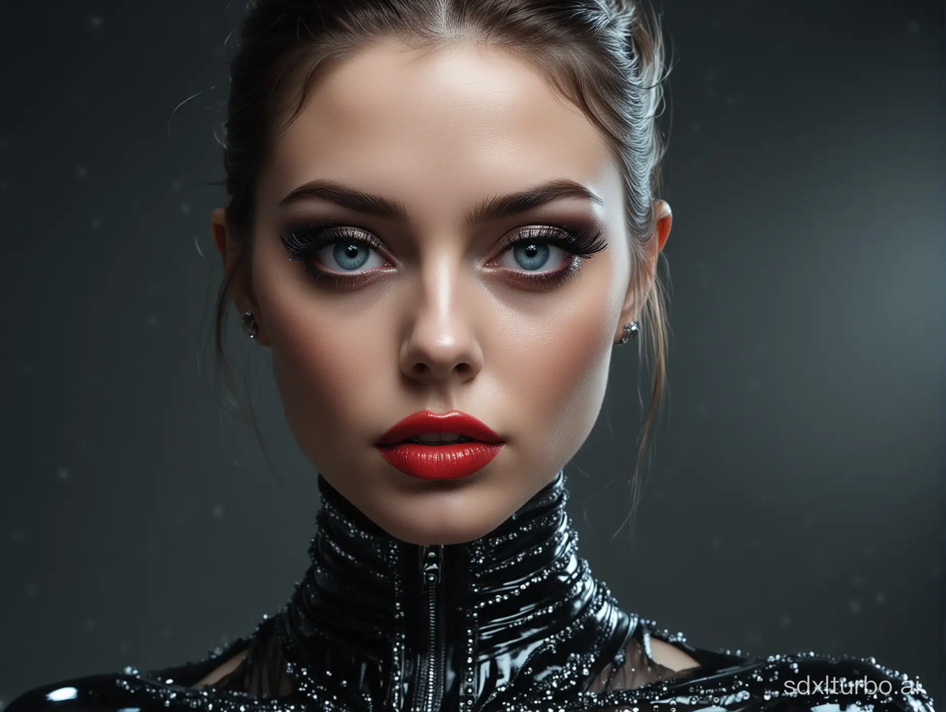 Extravagant-Female-Model-in-HR-Giger-Futuristic-Black-Leather-Dress-Avantgarde-Fashion-Portrait