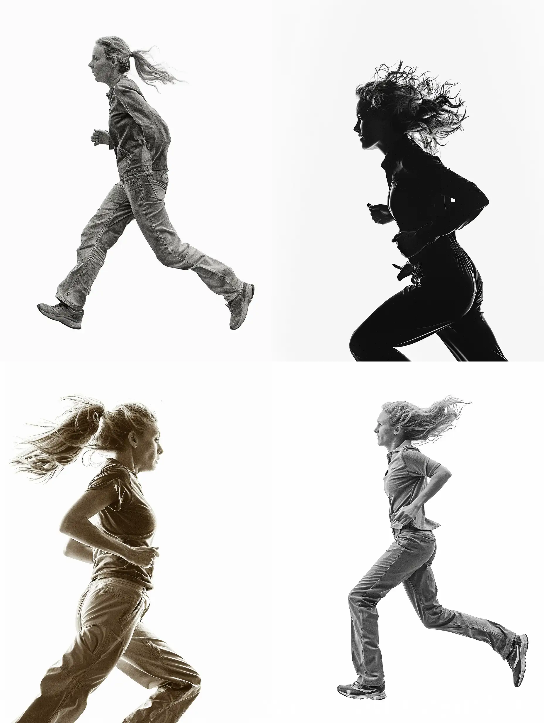 woman running to the left, she is turned in profile, woman is full-length, she has blonde hair and is wearing pants, NO MATTER WHITE BACKGROUND