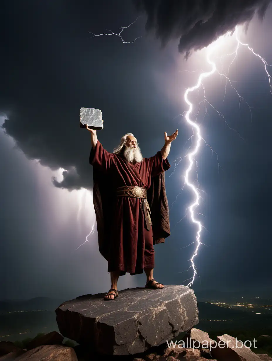 moses standing on a mountain top holding a stone tablet in each hand with thunder and lightning in the sky