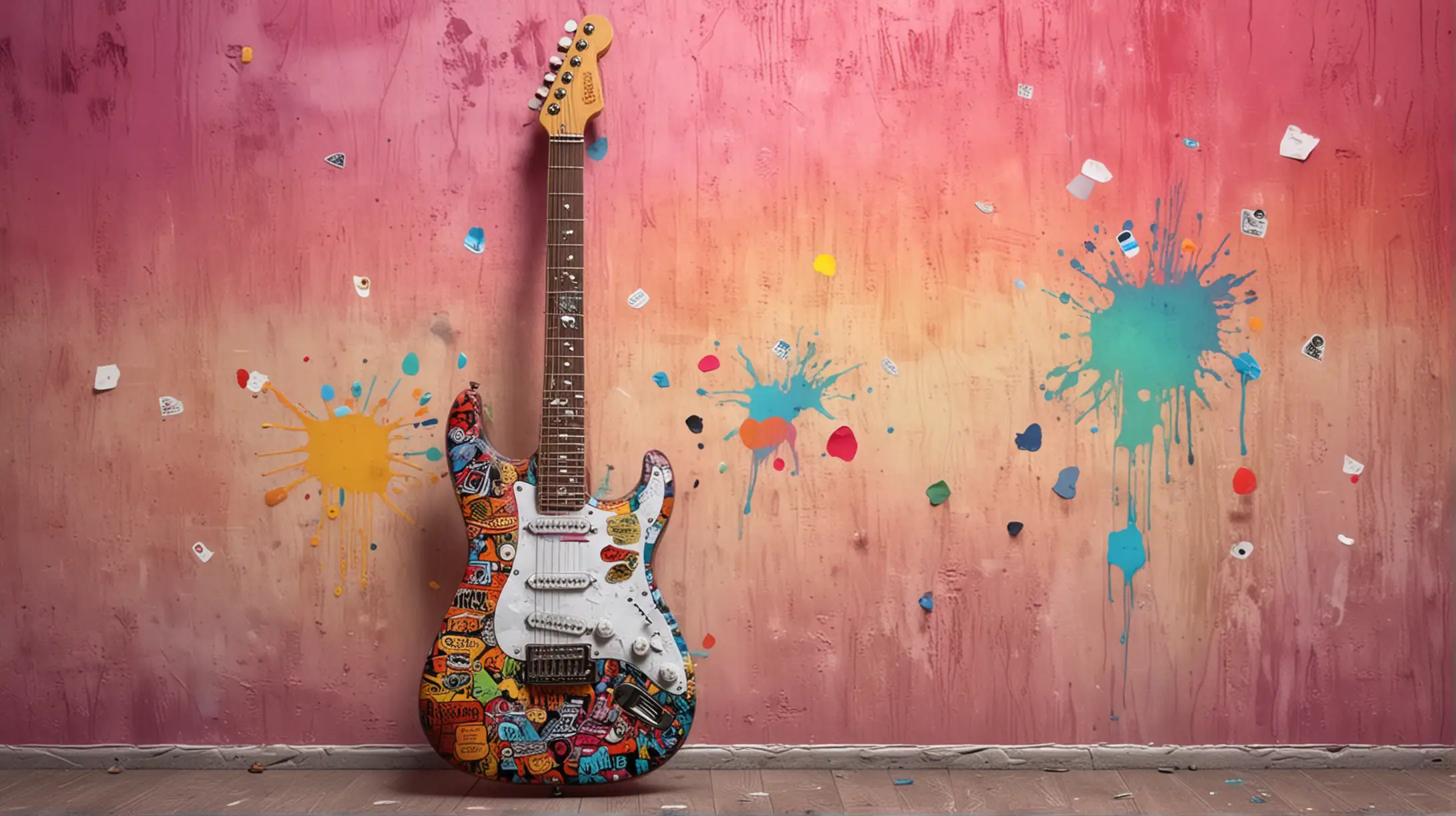 punk electric guitar very realistic with stickers on it against a colorful painted wall 