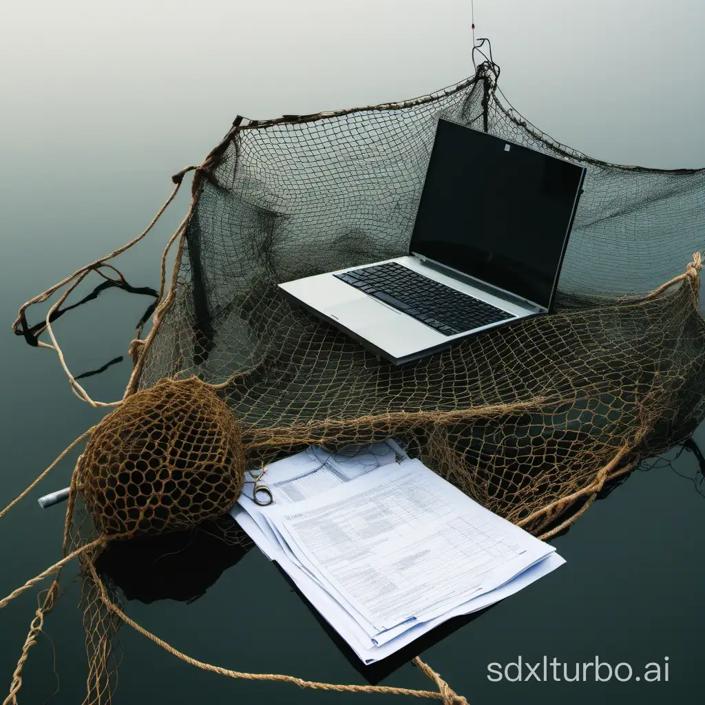 a fisherman's net, one with an @, papers, a computer