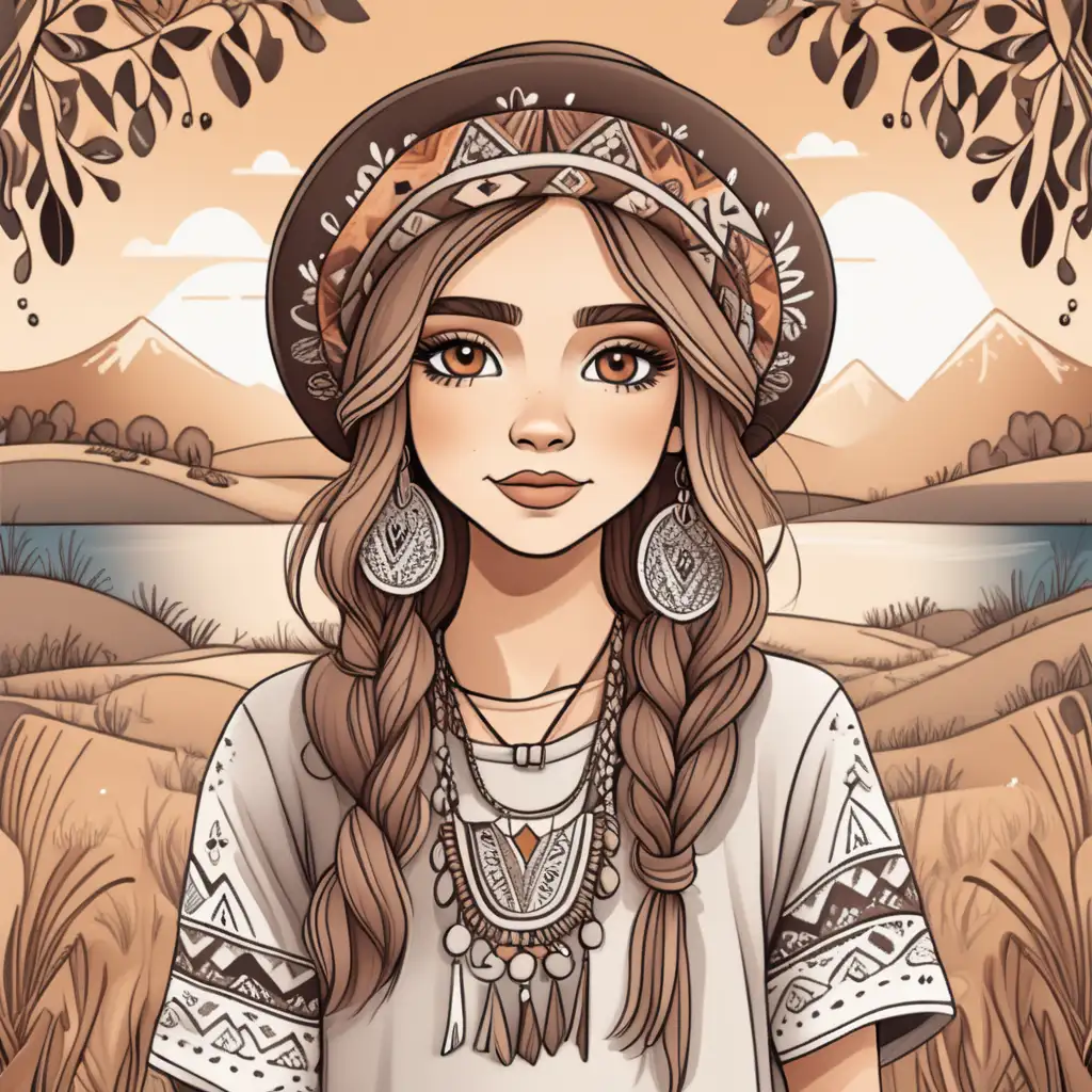 a boho girl in cartoon style with a nice background