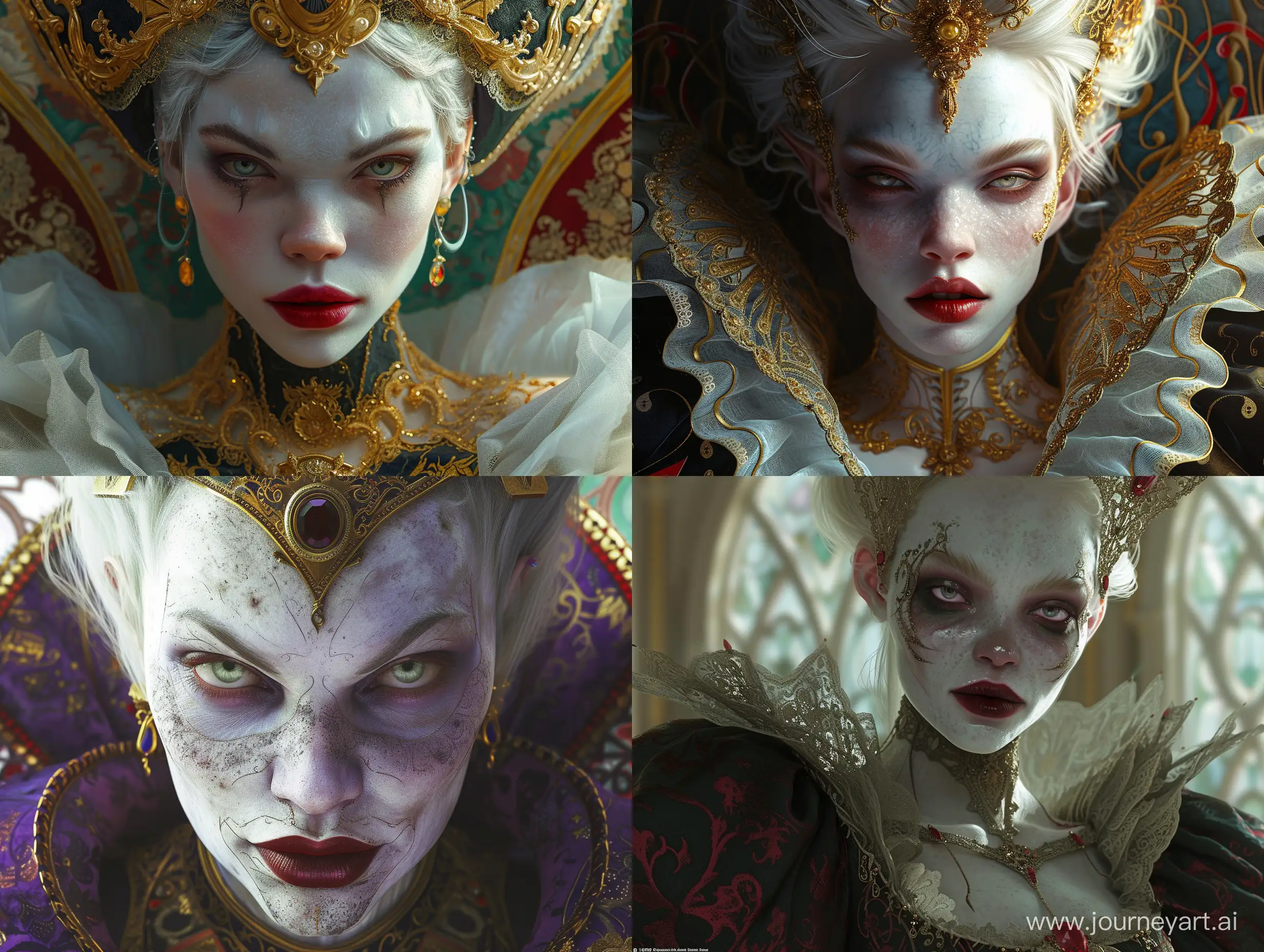 Prompt: Prompt: Perfect face of Disney's Princess Evil Queen, insanely detailed and intricate dress, beautiful detailed pale face, Nikon D850, trending on Artstation, sharp focus, ultra reallistic, extremely detailed, beautiful face, 16K, cinematic lighting, photorealistic, sensuality, beautiful, hyperrealistic, colourful, very cute, Gediminas Pranckevicius, Alphonse Mucha, Stanley Lau, Magali Villeneuve, Greg Rutkowski, WLOP